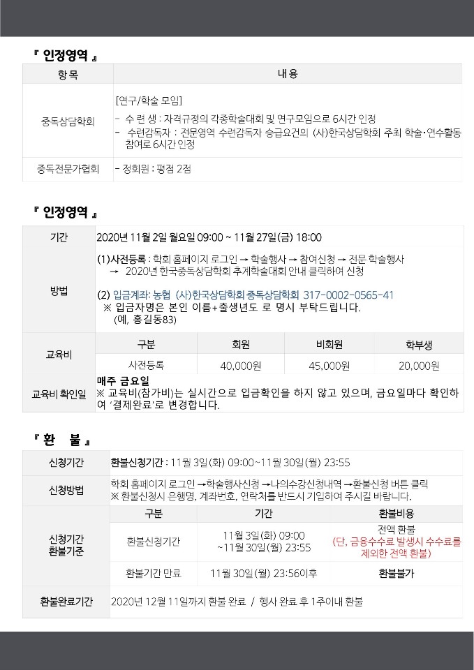 인정내역 중독상담학회 연구학술모임 수련생 자격규정의 각종학술대회 및 연구모임으로6시간 인정 수련감독자 전문영역 수련감독자 승급요건의 한국상담학회 주최 학술연수활동 참여로 6시간인정 중족전문가협회 정회원 평점 2점 등록기간 200년 11월 2일 월요일 9시부터 11월 27일 금요일 18시까지 사전등록 학회 홈페이지 로그인 학술행사 참여신청 전문학술행사 2020년 한국중독상담학회 추계학술대회 안내 클릭하여 신청 입금계좌 농협 3170002056541 (사)한국상담학회중독상담학회 입금자명은 본인이름과 출생년도로 명시 부탁드립니다. 예 홍길동83 활불신청시간 11월 3일 화요일 오전 9시부터 11월 30일 월요일 23시 55분까지 학회 홈페이지 로그인 학술행사신청 나의수강신청내역 환불신청 버튼 클릭 환불신청시 은행명 계좌번호 연락처를 반드시 기입하여 주시길 바랍니다 신청기간 환불기중 환불신청기간내 전액환불 단 금용수수료 발생시 수수료를 제외한 전액 환불 환불기간 만료 11월 30일 월요일 23시 56분이후 환불불가 환불완요기간 2020년 12월 11일까지 환불 완료 행사 완료 수 1주이내 환불