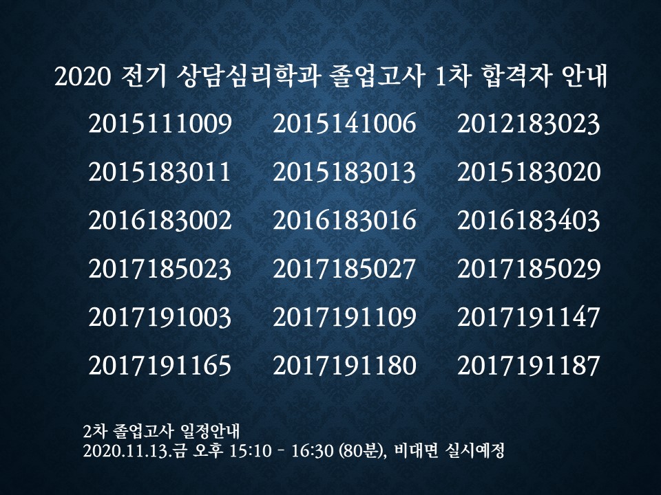 2020 전기 상담심리학과 졸업고사 1차 합격자 안내 2015111009 2015141006 2012183023 2015183011 2015183013 2015183020 2016183002 2016183016 2016183403 2017185023 2017185027 2017185029 2017191003 2017191109 2017191147 2017191165 2017191180 2017191187 2차 졸업고사 일정안내 2020년 11월 13일 금요일 오후 15시10분부터 16시 30분까지 80분 비대면 실시예정